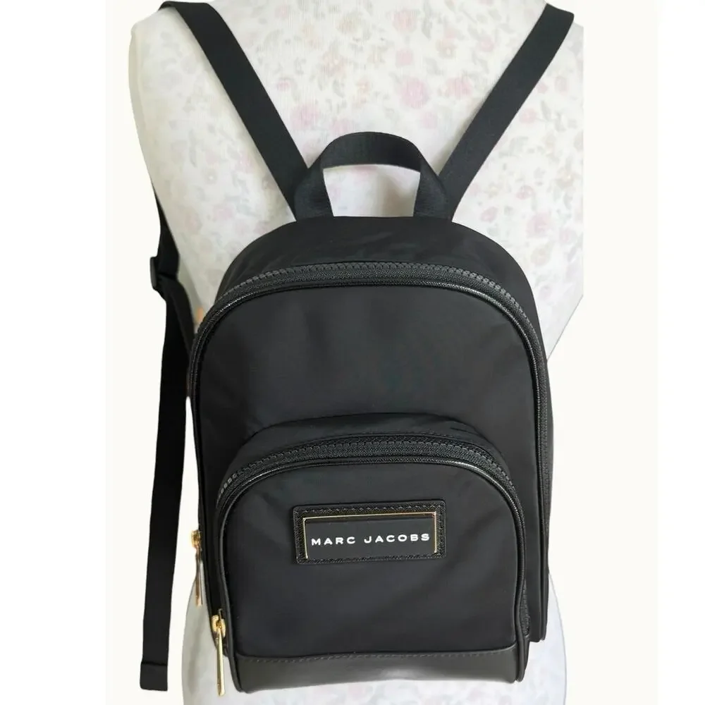 Marc Jacobs Logo Nylon Mini Backpack Black Gold Hardware Small Designer Bag